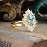 1 Carat Marquise Cut Moss Agate Ring Vintage Cluster Wedding Ring